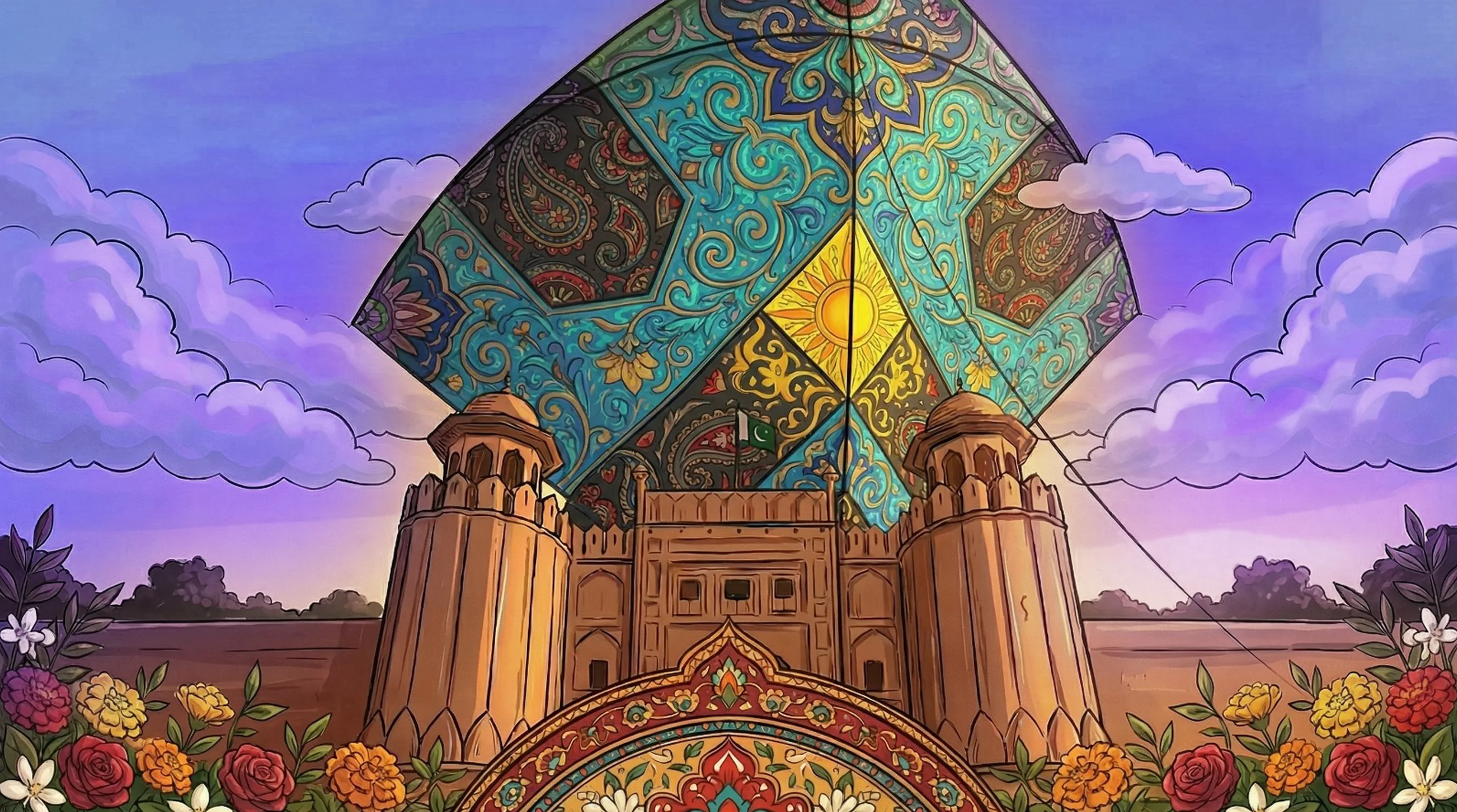 Ornate festival kite soaring over the Lahore Fort at sunset